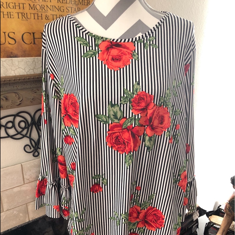 Klassy Girl Black & White Striped Blouse w/roses